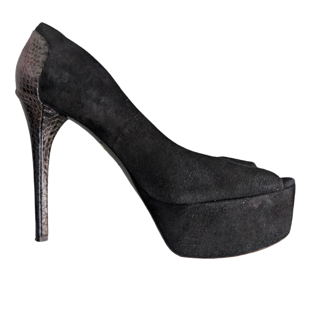Brian Atwood Black Suede Snake Print Platform Pumps Heels Size 9 Designer Luxury